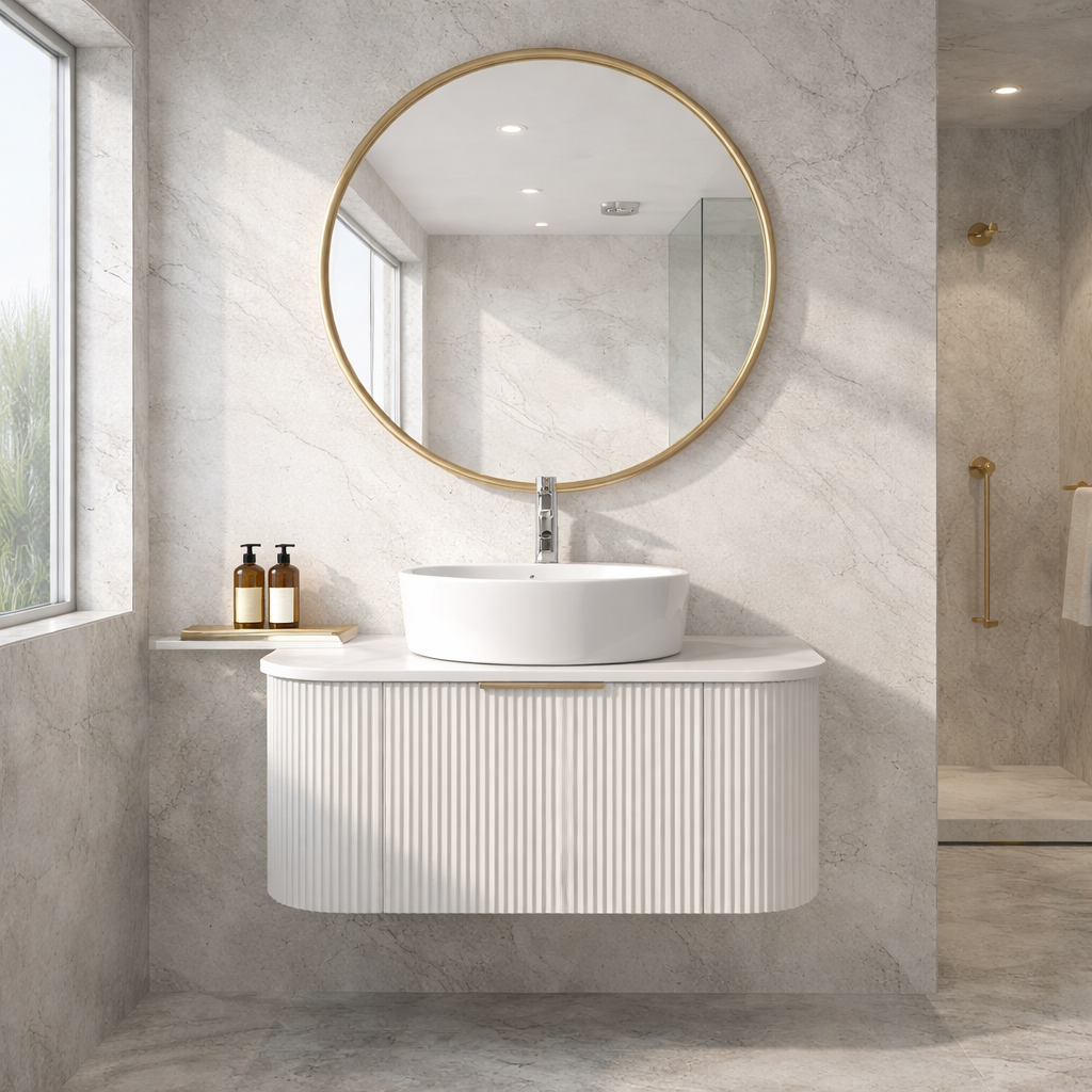 Linea Curved Floating Vanity 900mm - Matt White, Marble Flat Top | Wall Hung Vanity NZ
