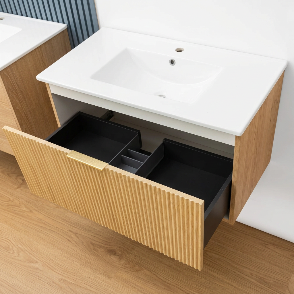 MR90 FLUTED 900MM WALL HUNG VANITY WITH SINGLE DRAWER- LIGHT OAK