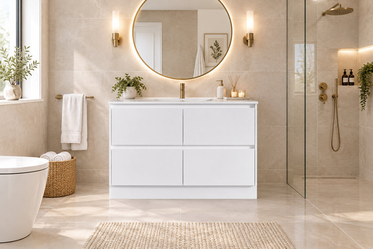 JL 1200MM GLOSS WHITE PLYWOOD FLOORSTANDING VANITY SINGLE BASIN