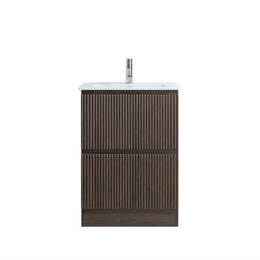 MS60 600MM FLOOR STANDING VANITY - DARK BROWN OAK, FLUTED FRONT