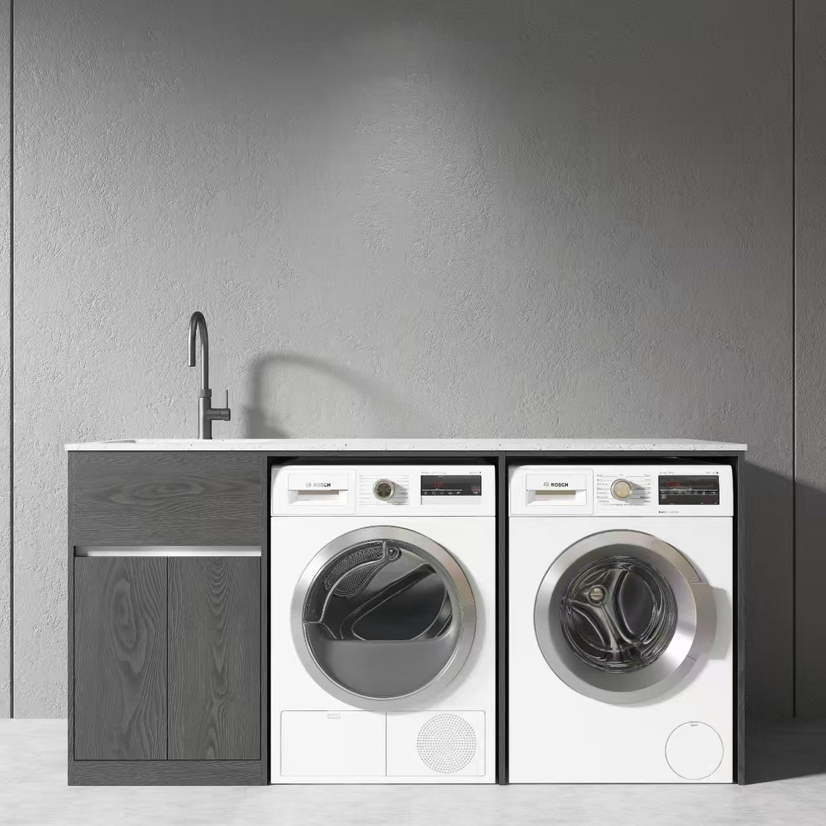 1800MM PLYWOOD LAUNDRY STATION - CHARRED ASH | STONE BENCHTOP | STAINLESS STEEL SINK