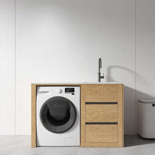 1500MM PLYWOOD LAUNDRY STATION | HONEY OAK | STONE BENCHTOP | STAINLESS STEEL SINK - The Tile Collection™
