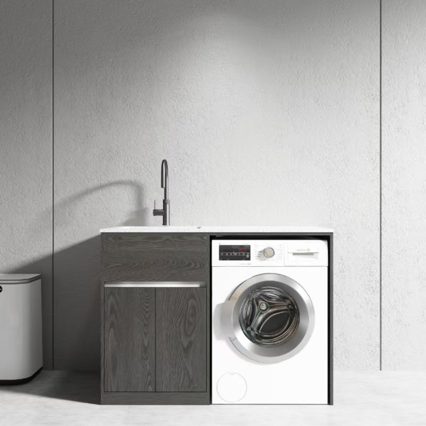 1200MM CHARRED ASH PLYWOOD LAUNDRY STATION | STONE BENCHTOP | STAINLESS STEEL SINK