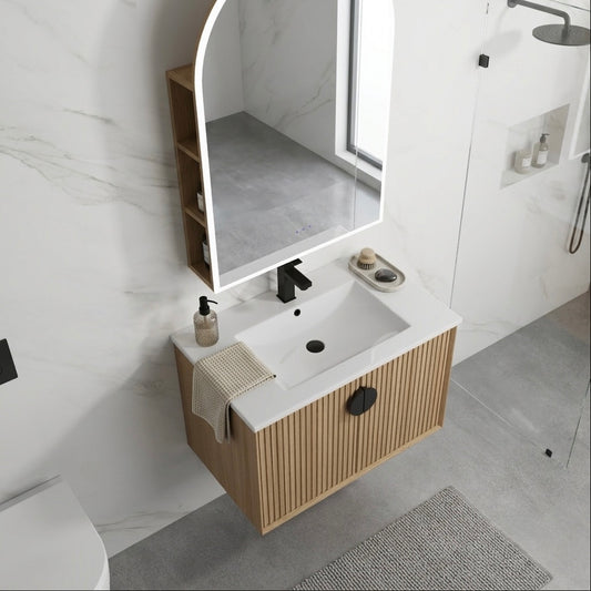 EVELYN 750MM FLUTED WALL HUNG OAK BATHROOM VANITY WITH CERAMIC BASIN