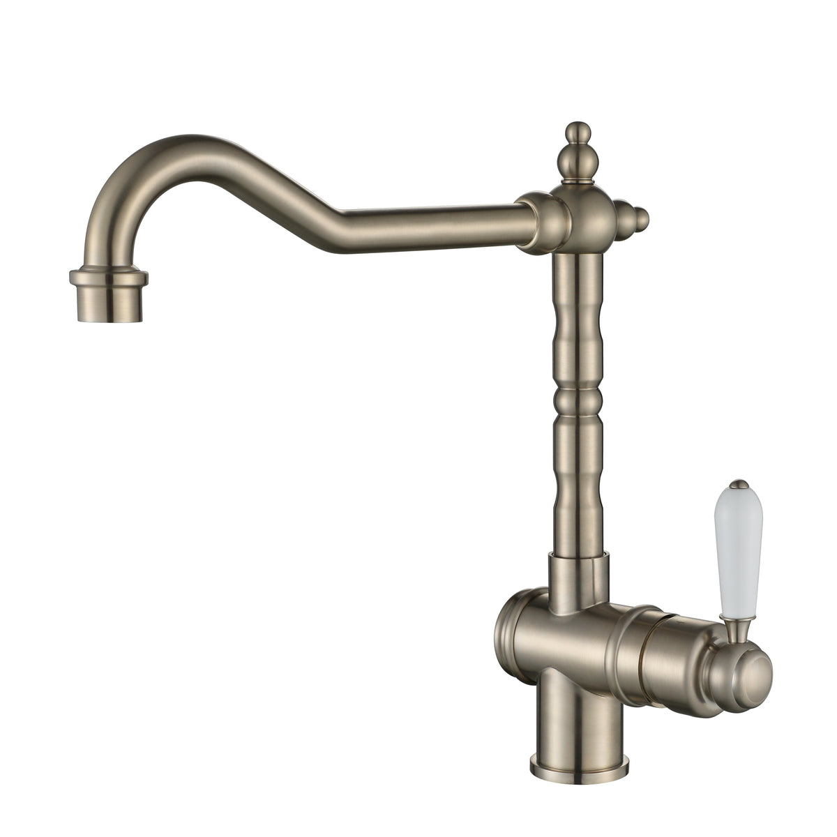 Bordeaux Victorian kitchen mixer tap brushed nickel single hole swivel spout ceramic lever