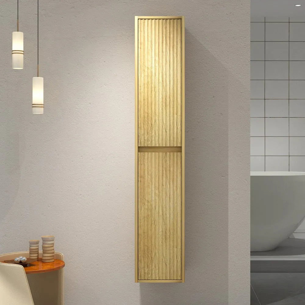 BILLY 1600MM WALL-HUNG TALL BATHROOM CABINET - FLUTED DESIGN, LIGHT OAK