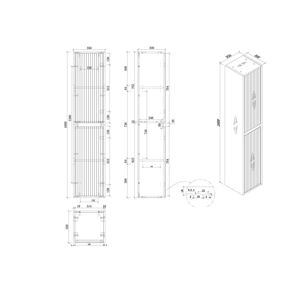BILLY 1600MM WALL-HUNG TALL BATHROOM CABINET - FLUTED DESIGN, LIGHT OAK