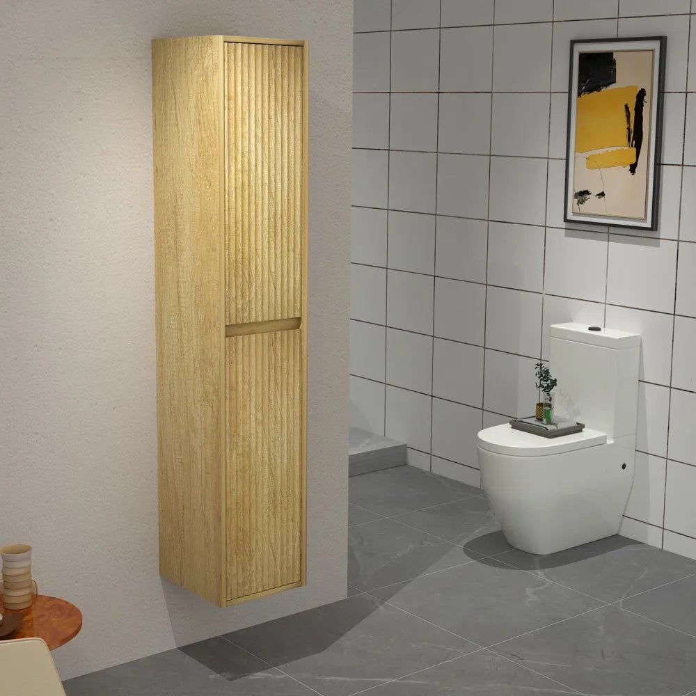 BILLY 1600MM WALL-HUNG TALL BATHROOM CABINET - FLUTED DESIGN, LIGHT OAK