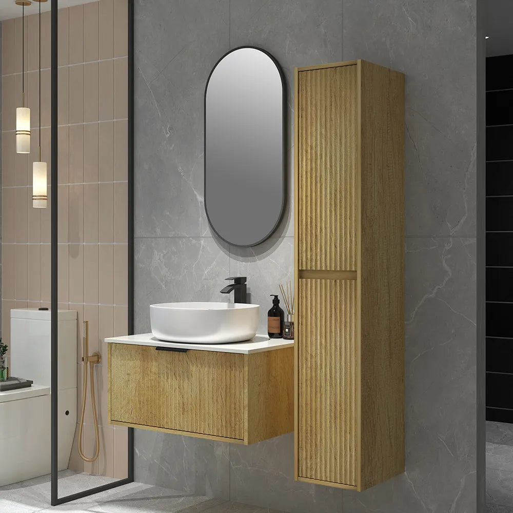 BILLY 1600MM WALL-HUNG TALL BATHROOM CABINET - FLUTED DESIGN, LIGHT OAK