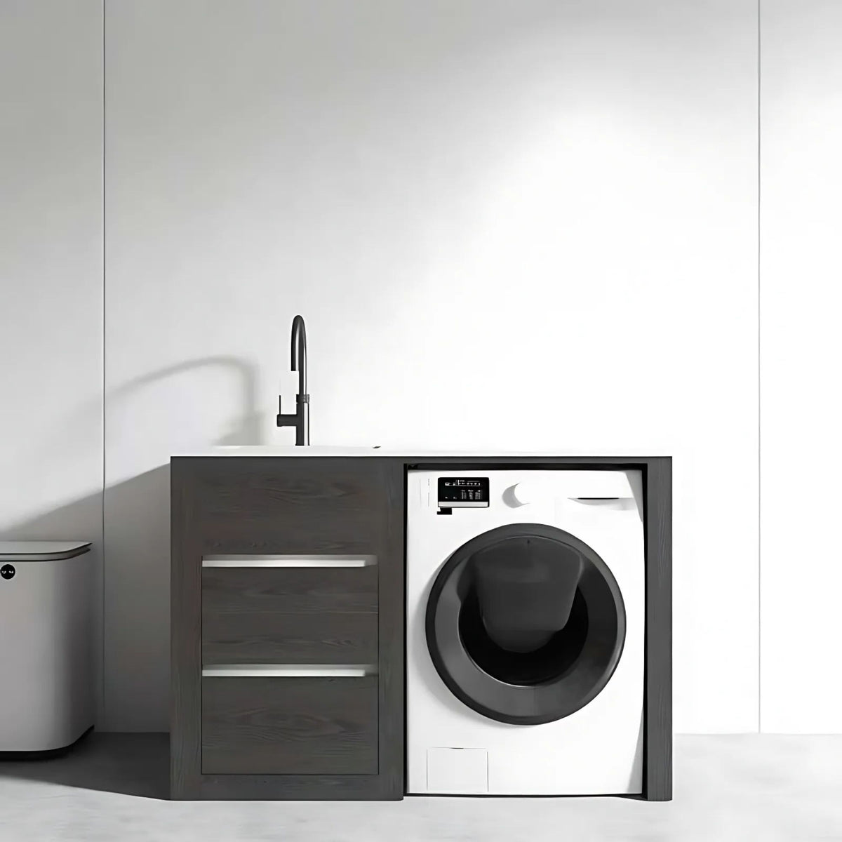 1300MM CHARRED ASH PLYWOOD LAUNDRY STATION | STONE BENCHTOP | STAINLESS STEEL SINK - The Tile Collection™