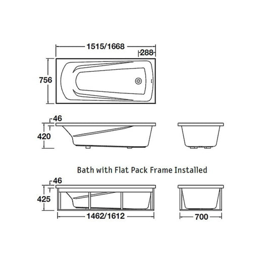 ENGLEFIELD DUO II RECTANGULAR DROP IN BATH 1670X760MM - The Tile Collection™
