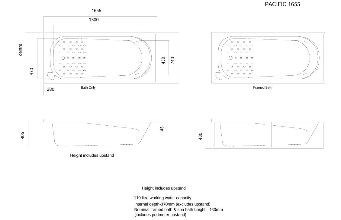CLEARLITE PACIFIC DROP IN BATH 1655X740X405MM - The Tile Collection™