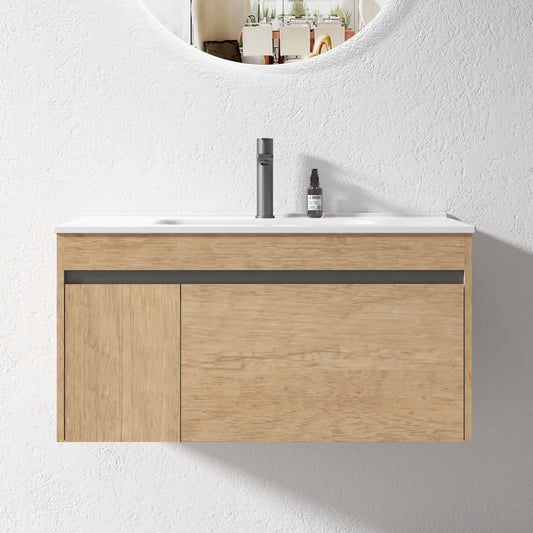 900MM BC13 LIGHT OAK PLYWOOD WALL HUNG VANITY WITH CERAMIC TOP