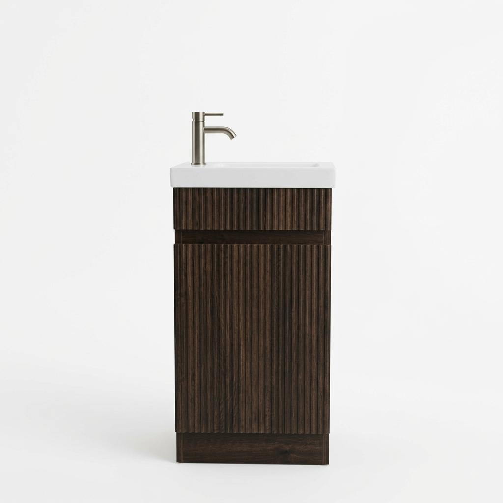 MS40 400MM FLUTED FLOORSTANDING VANITY - DARK BROWN OAK, CERAMIC BASIN