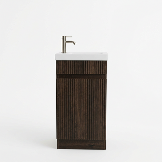 MS40 400MM FLUTED FLOORSTANDING VANITY - DARK BROWN OAK, CERAMIC BASIN