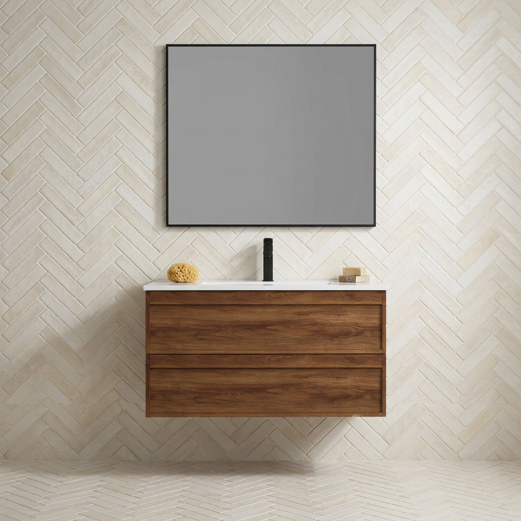 900mm Walnut wall hung vanity with ceramic basin, 2 drawers