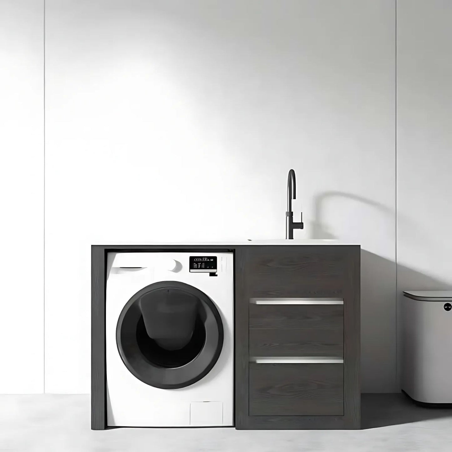 1300MM CHARRED ASH PLYWOOD LAUNDRY STATION | STONE BENCHTOP | STAINLESS STEEL SINK