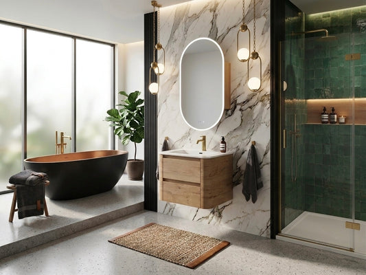 600MM BROOKLYN CURVED WALL HUNG VANITY | HONEY OAK