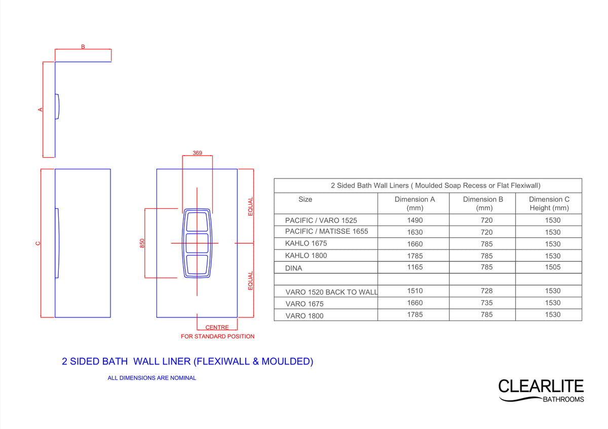 CLEARLITE PACIFIC/VARO WALL LINER FOR SHOWER OVER BATH 2 SIDED - 1525MM