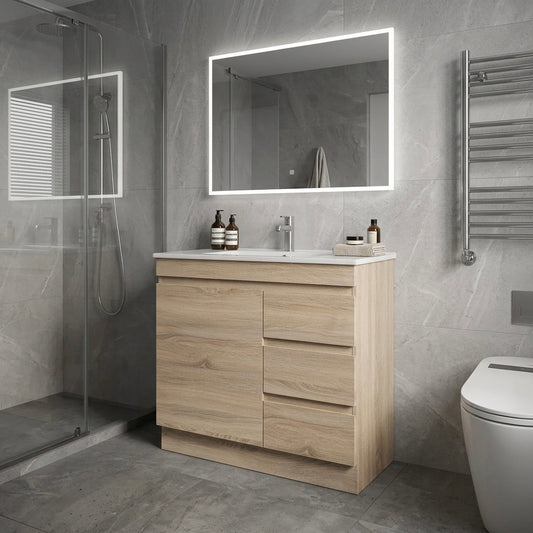 MADRID FLOOR STANDING VANITY 900MM - LIGHT OAK | PLYWOOD BATHROOM VANITY NZ