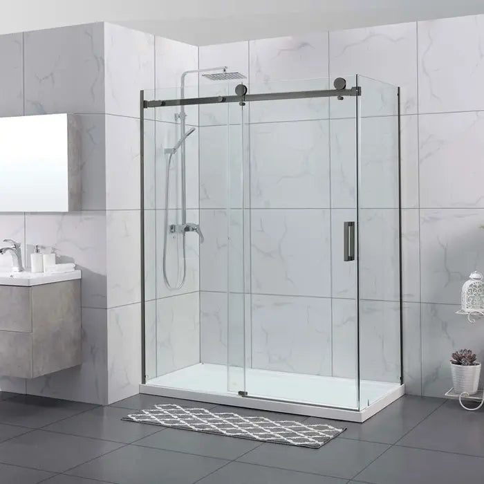1200X900MM FRAMELESS SHOWER SLIDING DOOR AND RETURN PANEL - BRUSHED GUNMETAL