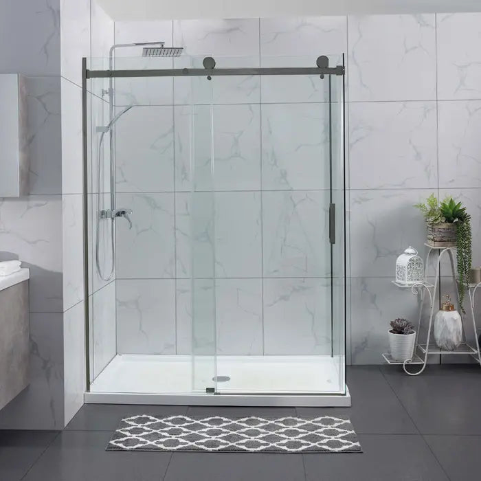 1200X900MM FRAMELESS SHOWER SLIDING DOOR AND RETURN PANEL - BRUSHED GUNMETAL