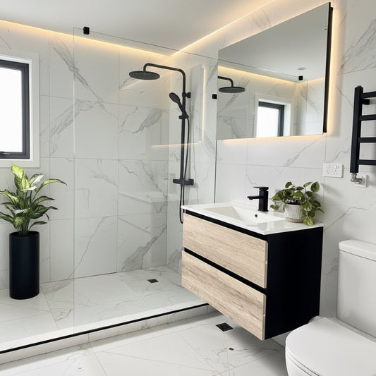 NELSON WALL HUNG VANITY | 750MM | BLACK & LIGHT OAK | PLYWOOD - The Tile Collection™