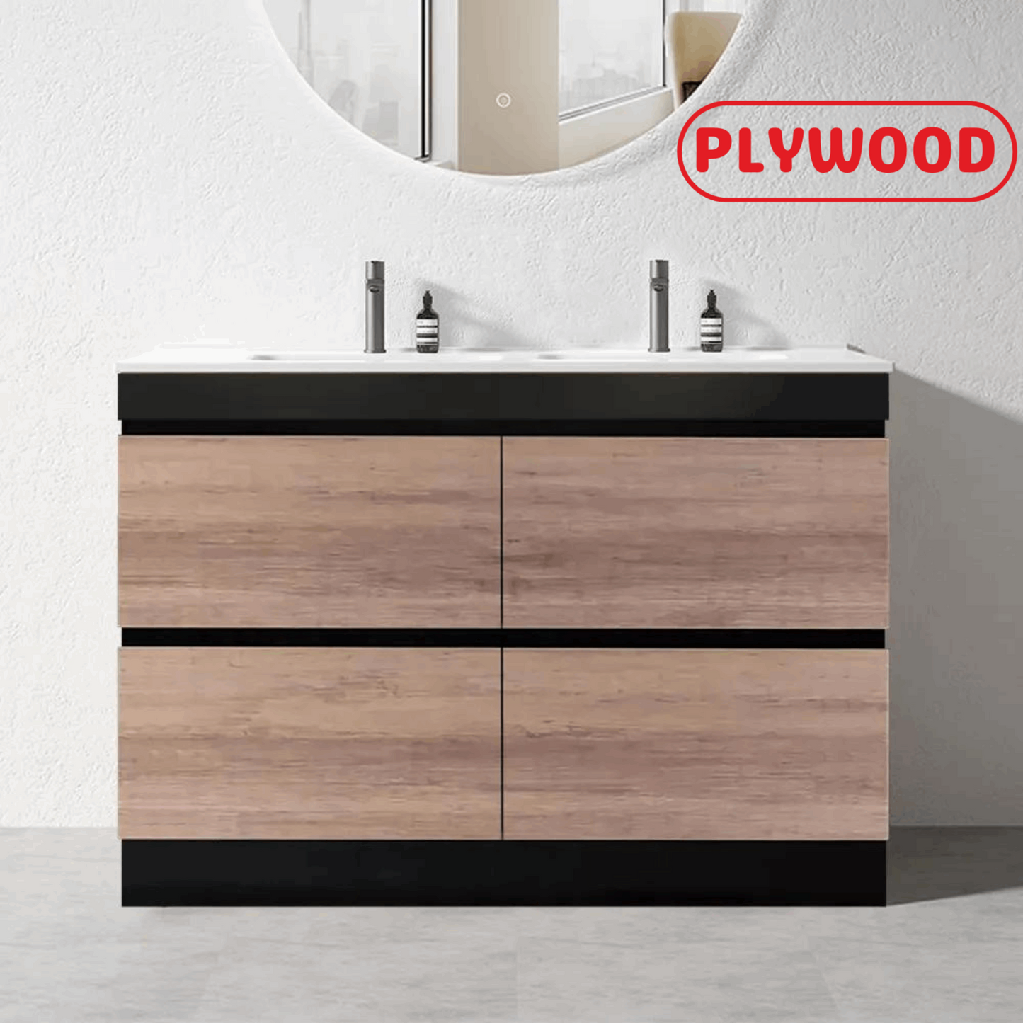 1500MM POLO BLACK AND LIGHT OAK PLYWOOD FLOORSTANDING VANITY DOUBLE BASIN - The Tile Collection™