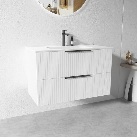 WHITE WALL HUNG VANITY | 900MM | FLUTED | PLYWOOD - The Tile Collection™