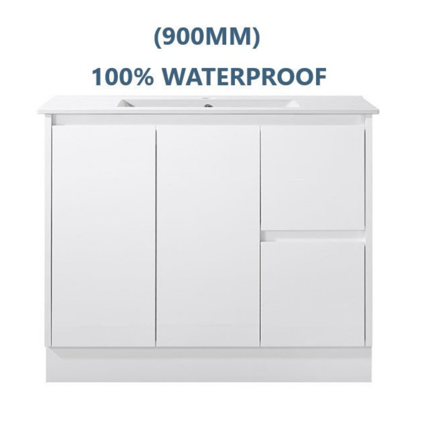 900MM GLOSS WHITE PVC FLOORSTANDING VANITY 100% WATERPROOF WITH CERAMIC TOP - The Tile Collection™