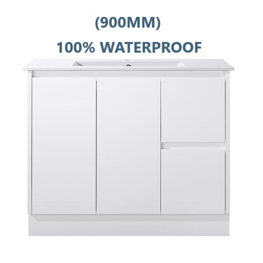 900MM GLOSS WHITE PVC FLOORSTANDING VANITY 100% WATERPROOF WITH CERAMIC TOP - The Tile Collection™
