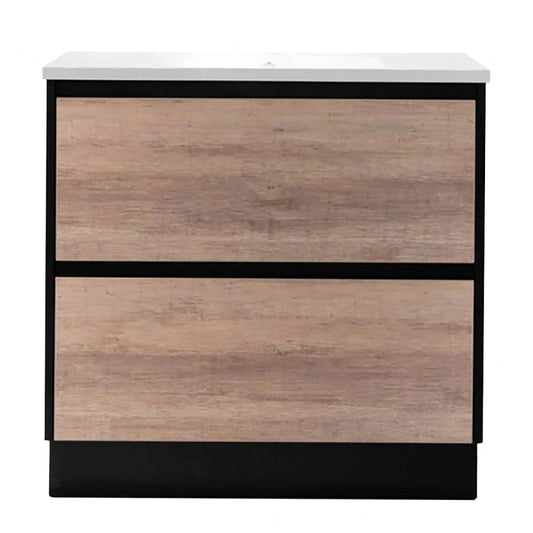 600MM POLO BLACK AND LIGHT OAK FLOORSTANDING VANITY WITH CERAMIC TOP - The Tile Collection™