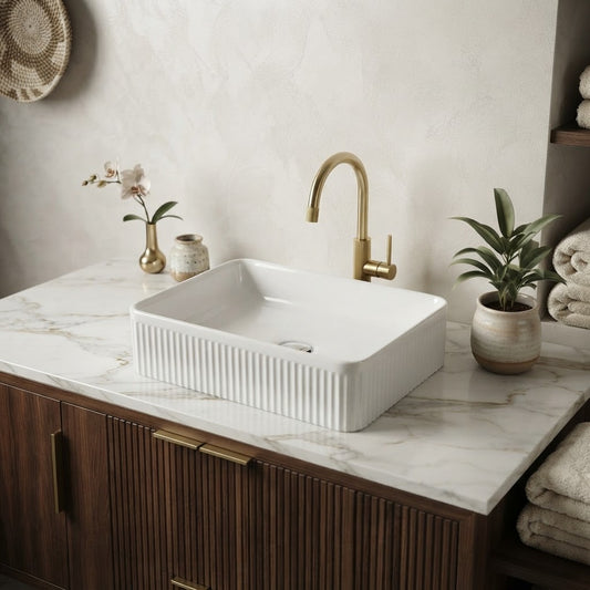 FLUTED GLOSS WHITE RECTANGULAR COUNTERTOP BASIN | 500MMX340MM BC