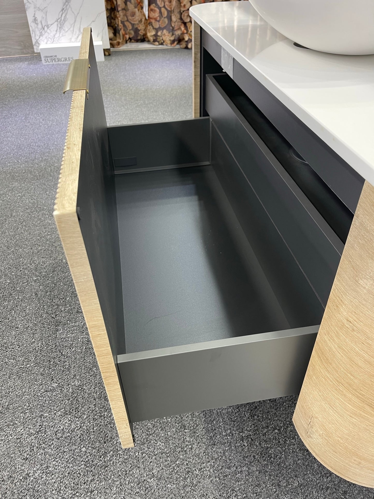 LINEA VINTAGE 750MM CURVED FLUTED WALL HUNG VANITY | GOLDEN OAK