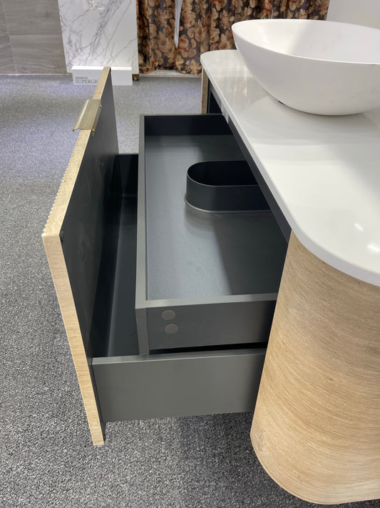 900MM CURVED WALL HUNG VANITY WITH FLUTED DRAWER FRONT | GOLDEN OAK