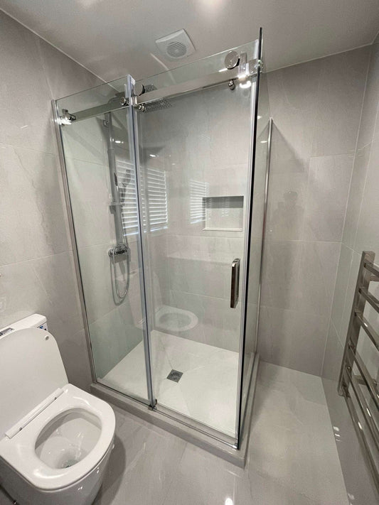 1200X1000MM FRAMELESS SLIDING DOOR SHOWER ENCLOSURE- CHROME - The Tile Collection™
