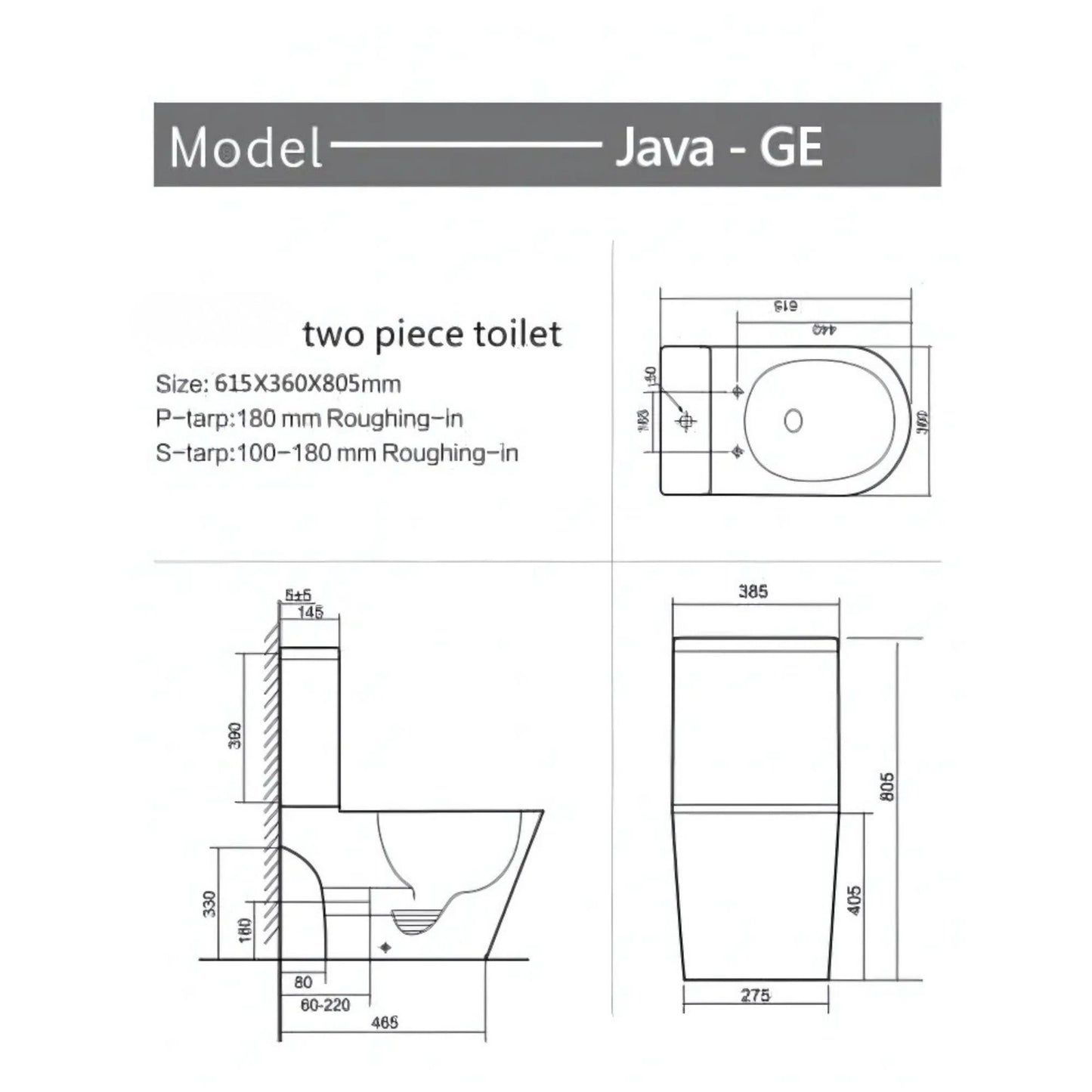JAVA RIMLESS NON-BACK TO WALL TOILET SUITE - GLOSS WHITE 615X360X805MM