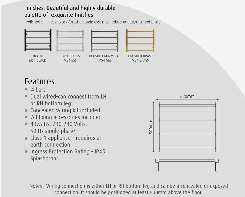 TRANQUILLITY JERSEY 4 BAR SQUARE HEATED TOWEL WARMER 500H*620W*120D- POLISHED STAINLESS