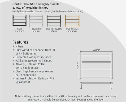 TRANQUILLITY JERSEY 4 BAR SQUARE HEATED TOWEL WARMER 500H*620W*120D- POLISHED STAINLESS - The Tile Collection™