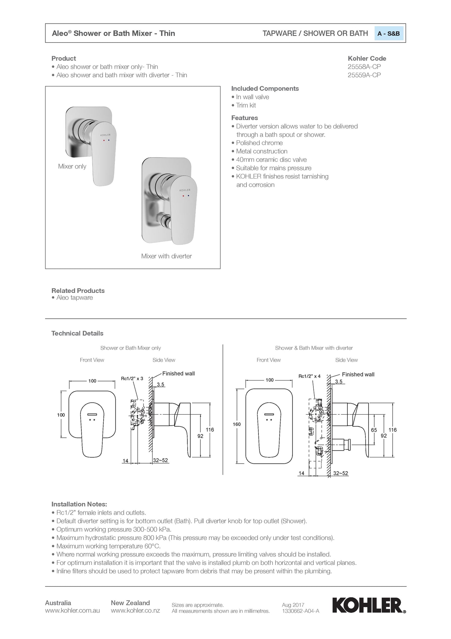 KOHLER ALEO SHOWER/BATH MIXER WITH DIVERTER POLISHED CHROME 160 X 100MM 25559A-CP - The Tile Collection™