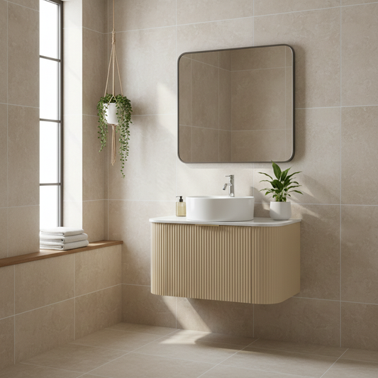 Floating Bathroom Vanity 900mm Curve Light Oak | Marble Flat Top