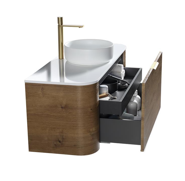 Linea Vintage 900mm Curved Wall Hung Vanity | Chestnut Oak | 2 Drawers