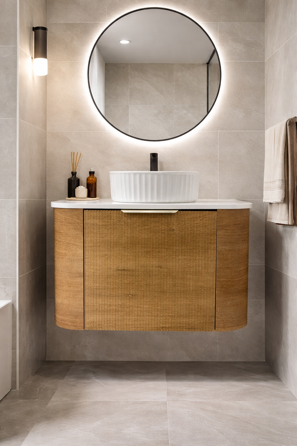 LINEA VINTAGE 750MM CURVED FLUTED WALL HUNG VANITY | CHESTNUT OAK