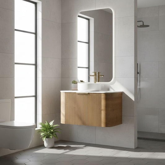 900MM CURVED WALL HUNG VANITY WITH FLUTED DRAWER FRONT | CHESTNUT OAK