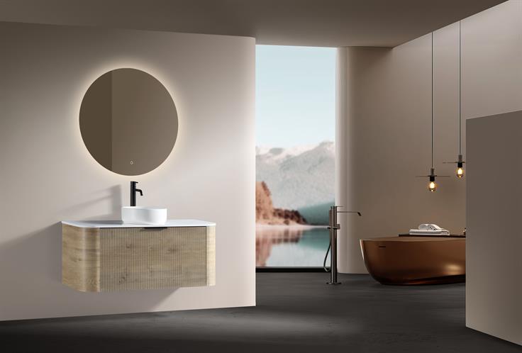 LINEA VINTAGE 1200MM CURVED FLUTED WALL HUNG VANITY | GOLDEN OAK