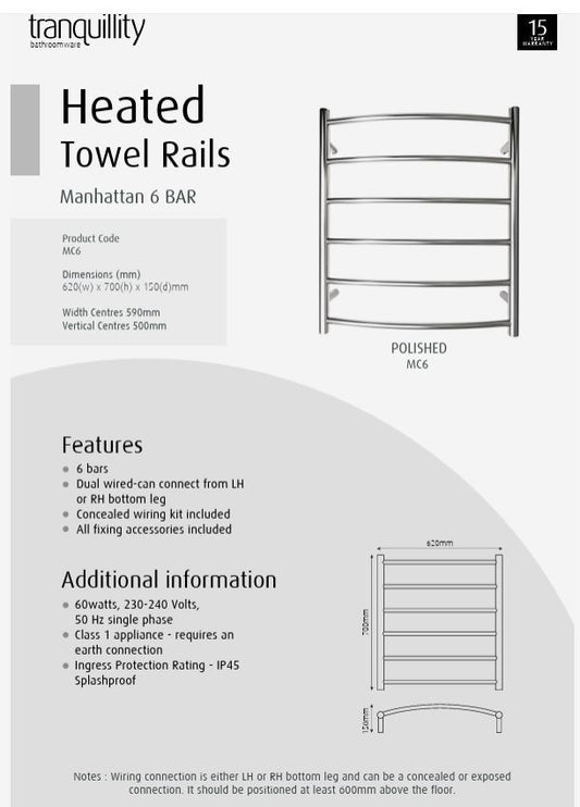 TRANQUILLITY MANHATTAN CURVED ROUND 6 BAR HEATED TOWEL WARMER 700(H)X620(W)X150(D) - POLISHESD STAINLESS