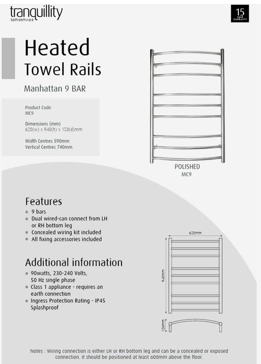 TRANQUILLITY MANHATTAN CURVED ROUND 9 BAR HEATED TOWEL WARMER 940(H)X620(W)X150(D) - POLISHESD STAINLESS