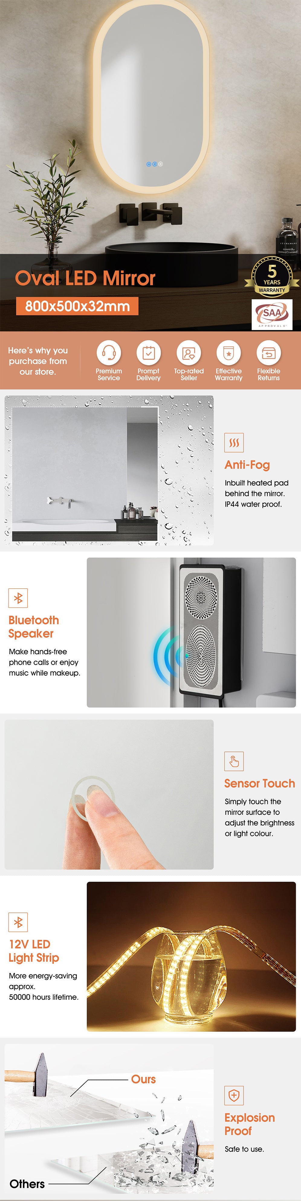 800x500MM OVAL LED MIRROR WITH BLUETOOTH SPEAKER | DEFOGGER | 3 COLOURS LIGHTS - The Tile Collection™