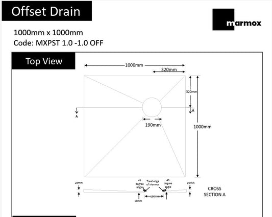 MARMOX READY TO TILE - OVER SHOWER BASE 1000X1000MM - OFFSET DRAIN - The Tile Collection™