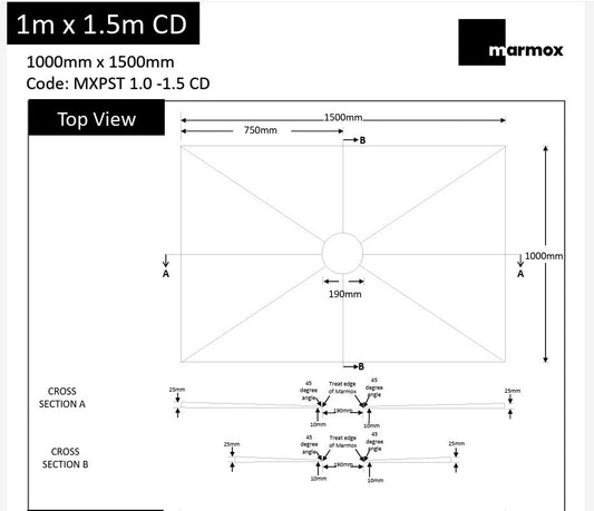MARMOX READY TO TILE - OVER SHOWER BASE 1000x1500MM - CENTRE DRAIN - The Tile Collection™